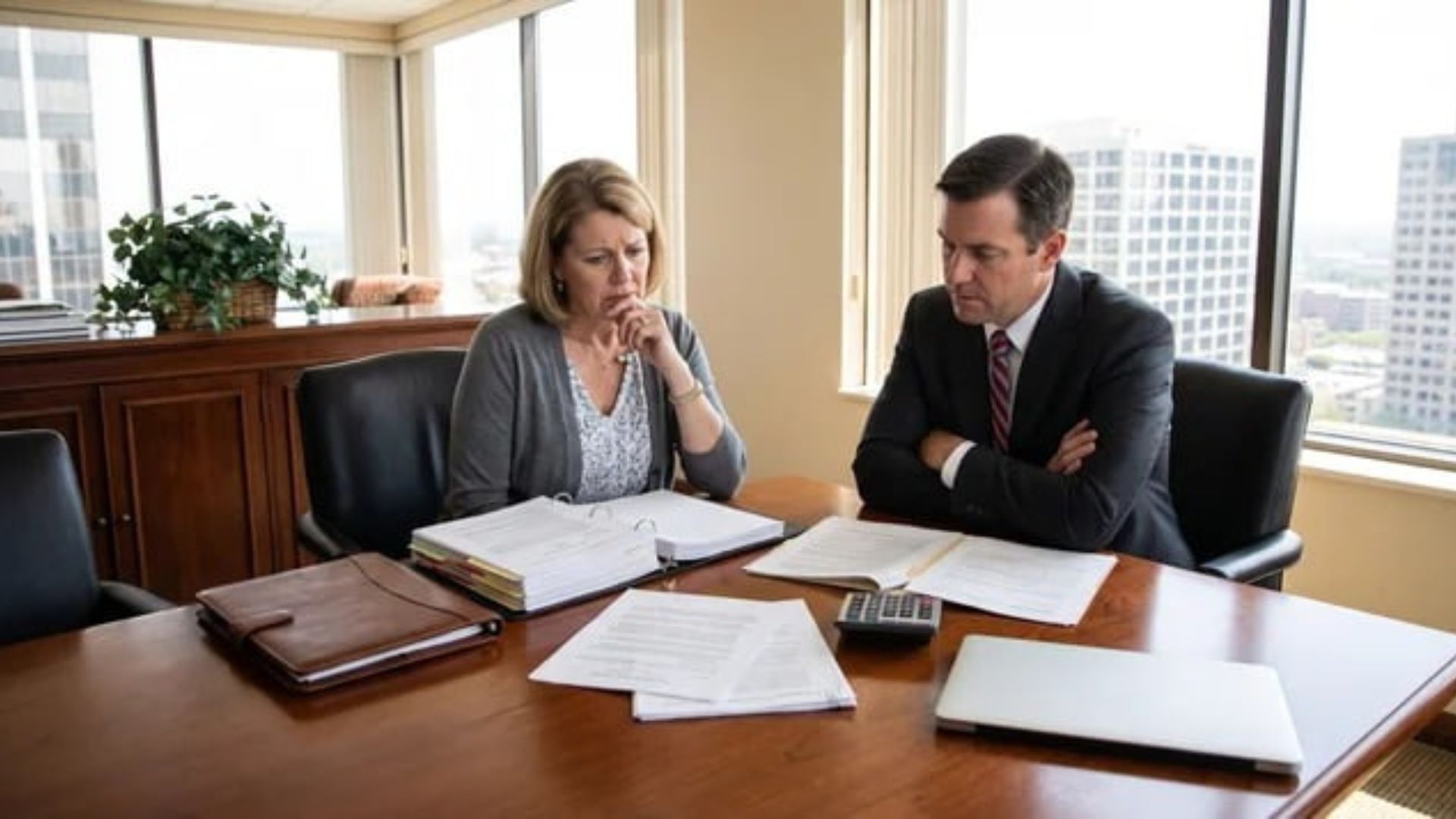 Real estate agent and homebuyer reviewing property documents during a legal dispute.