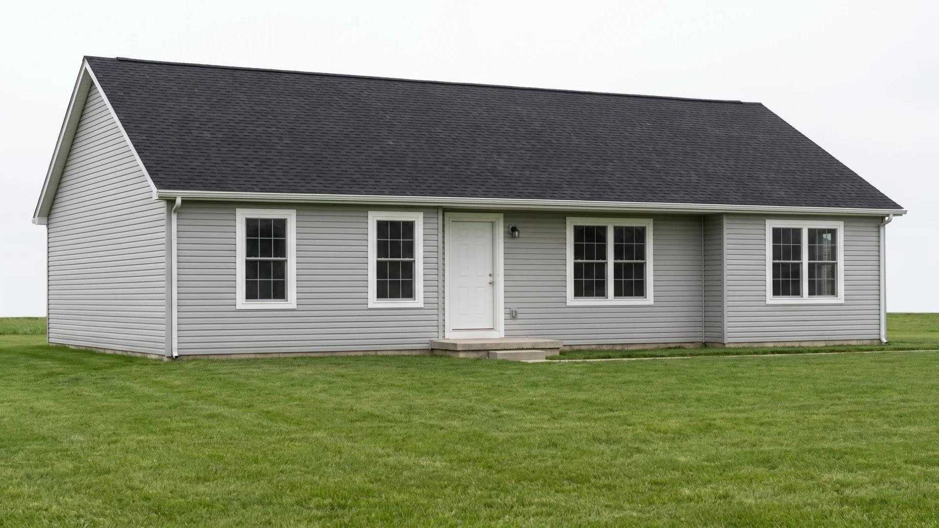 Single-family house with gray siding and white trim on a grass lawn
