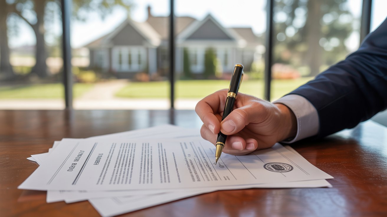 Man signing a contract on a table with a pen, focused on the document in front of him.