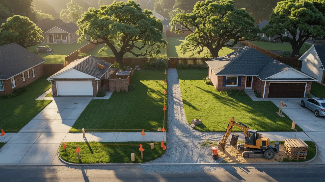 A backyard featuring a wooden fence and a large green tree under a clear blue sky.