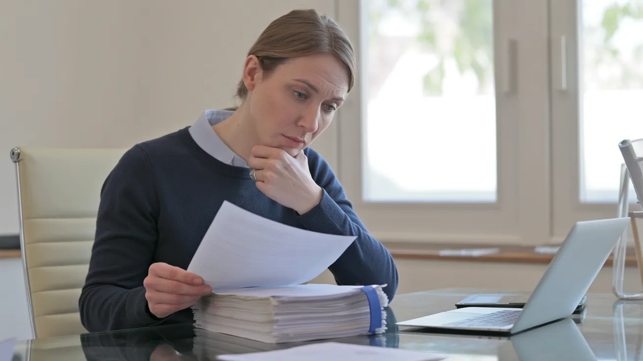 A woman seated at a desk, working on a laptop surrounded by papers and office supplies.