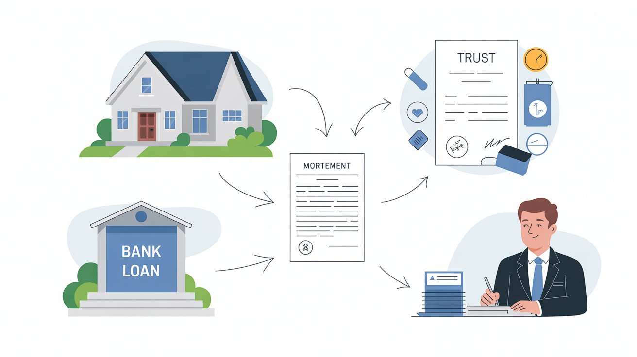 A man signs a loan agreement with a house visible in the background, indicating a home purchase process.