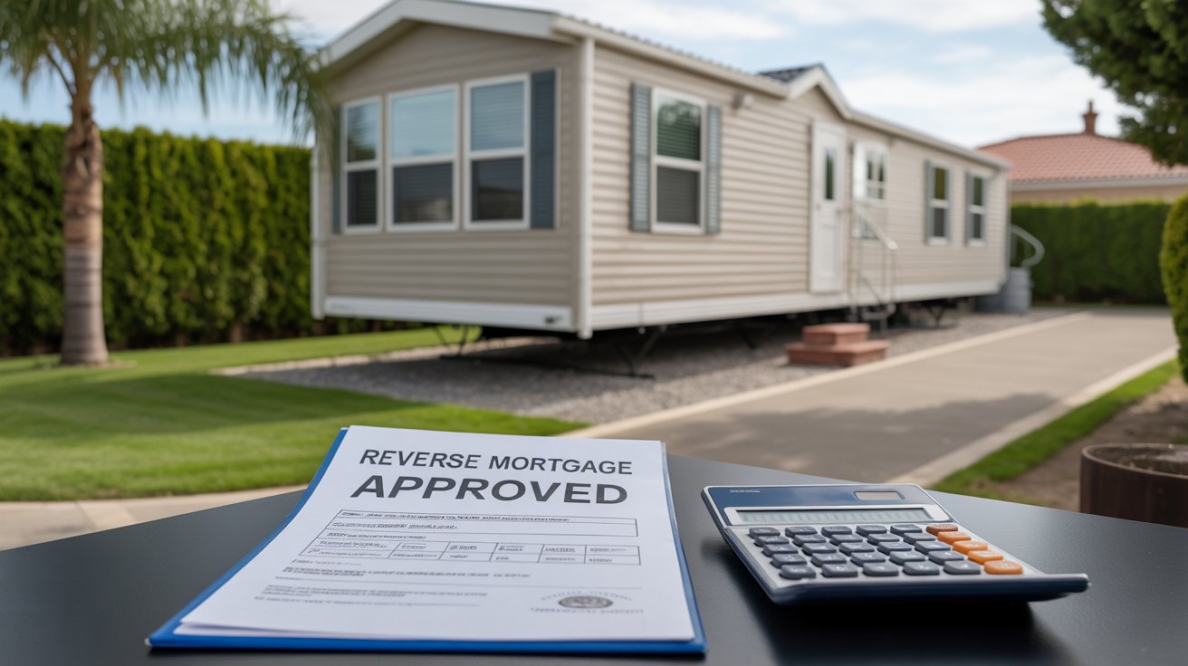 In the background, a mobile home is visible alongside a calculator and a document on a table, indicating budgeting activities.