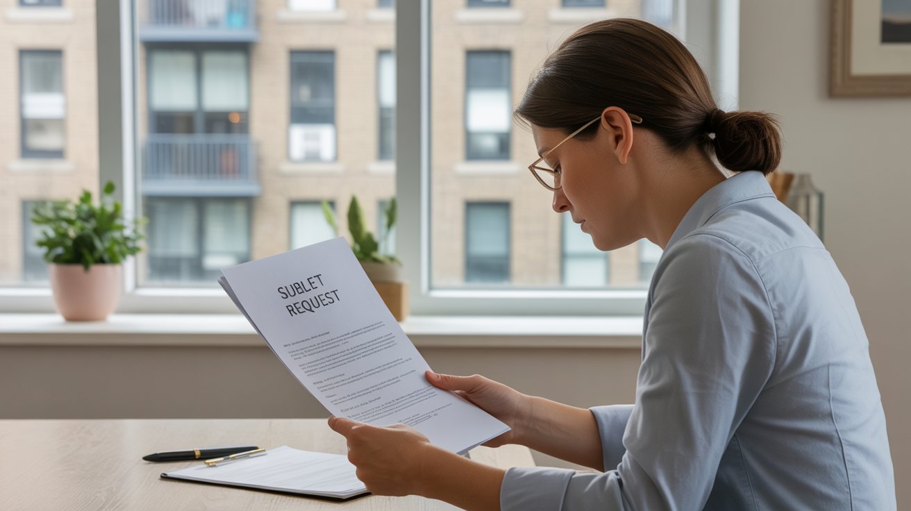 A woman sits at a desk, focused on a piece of paper in front of her.