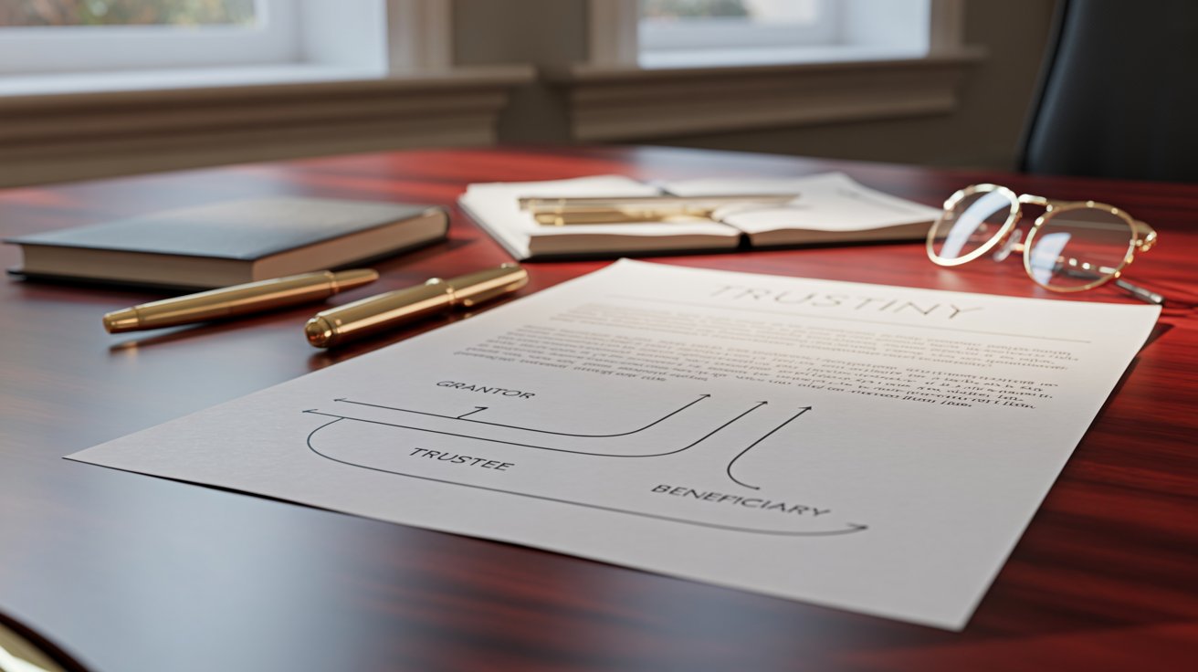 A business document rests on a desk alongside a pair of glasses and a pen, suggesting a work environment.