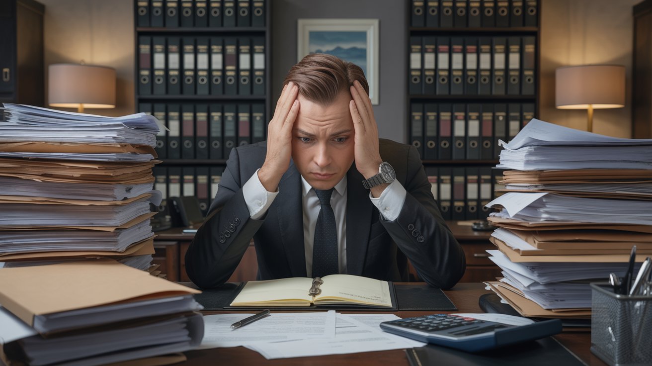 A man in a suit sits at a desk surrounded by stacks of paperwork, focused on his work.