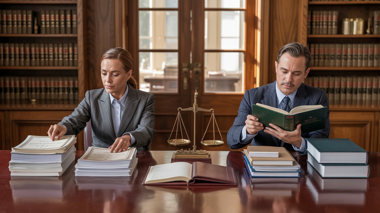 Two business professionals seated at a table with books and a scale, engaged in a discussion or analysis.