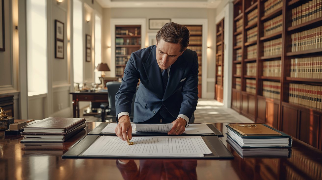 A man in a suit is focused on writing notes on a piece of paper at a desk.