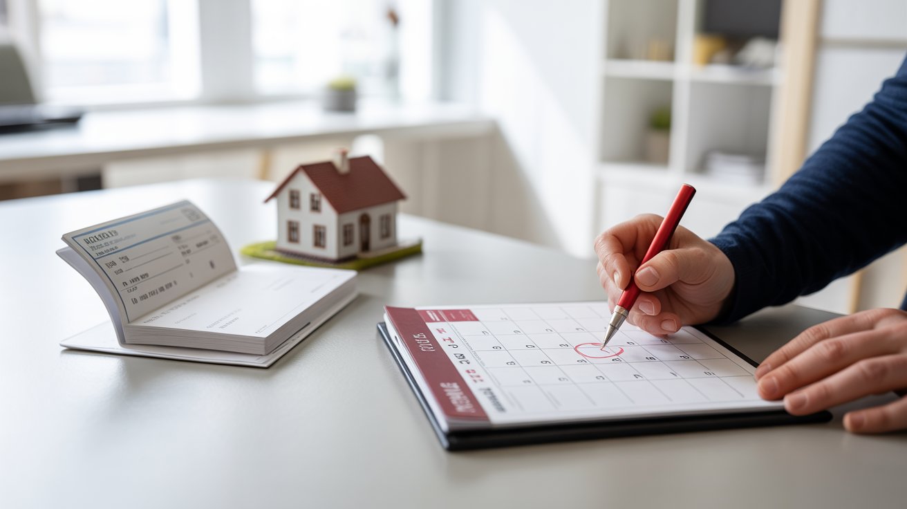A man writes on a calendar with a pen, while a house model is visible in the background.
