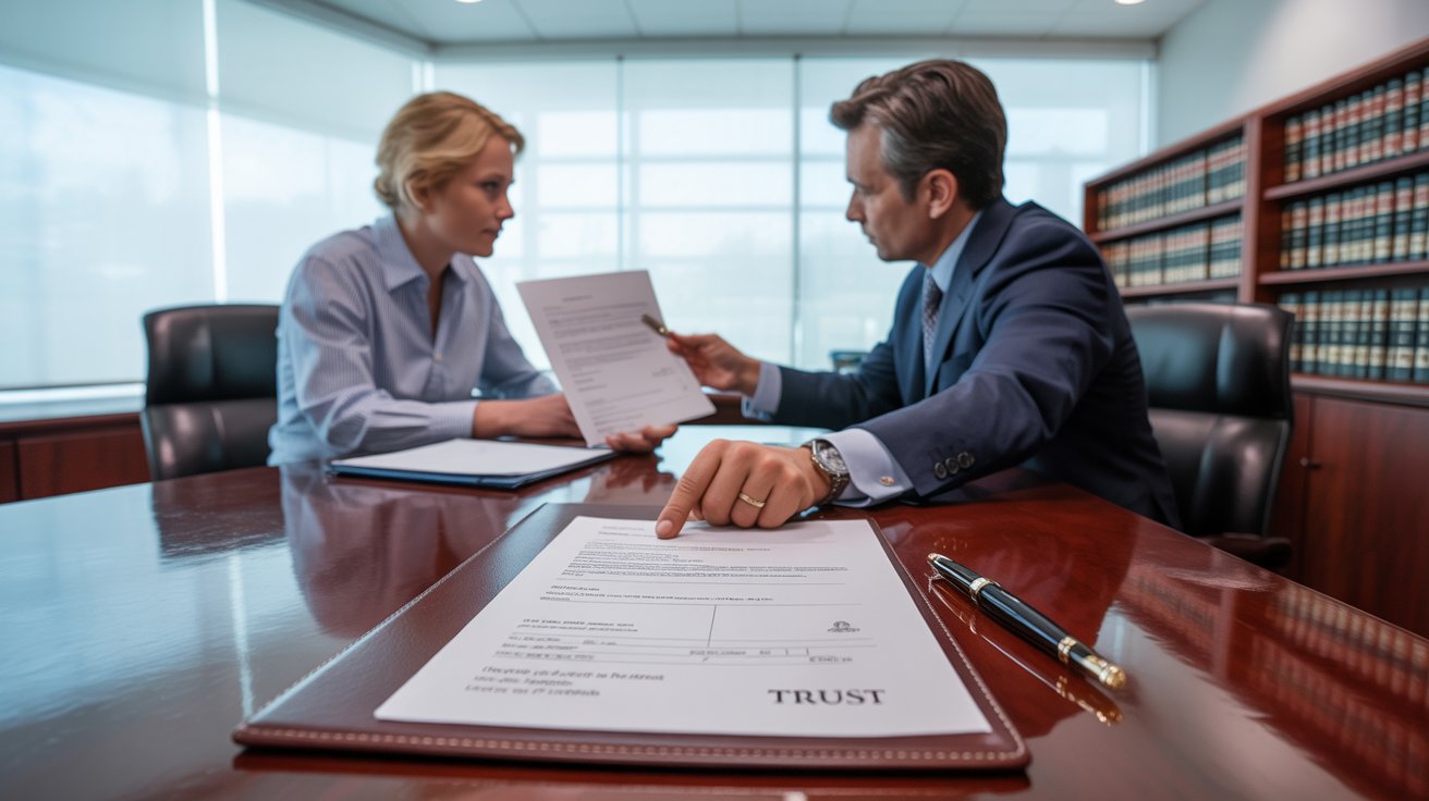 A man and woman sit at a desk, reviewing papers and discussing their work in a professional setting.