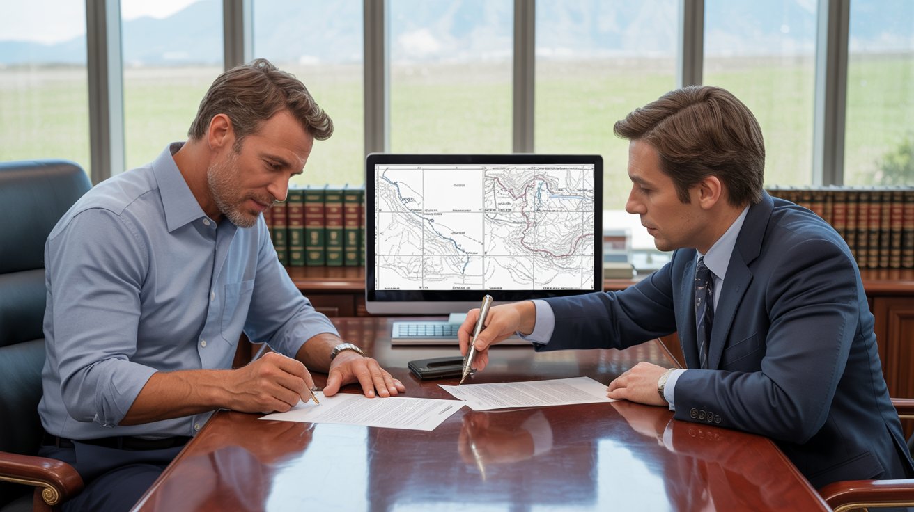 Two men in suits seated at a desk, engaged in signing documents together.