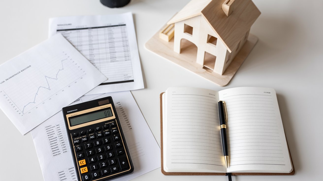 A calculator, notepad, house model, and pen on a desk with a notebook and another pen nearby.