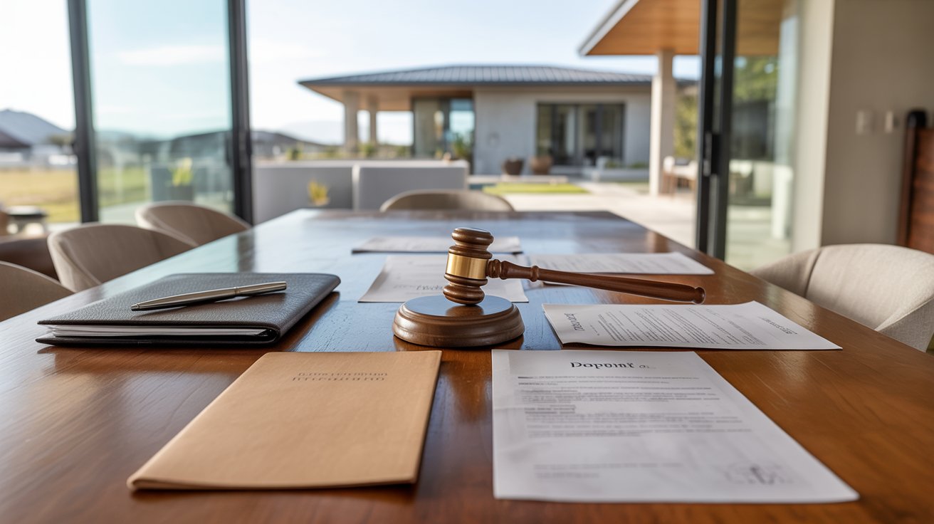 A gavel rests on a wooden table beside a document, symbolizing legal proceedings or decision-making.