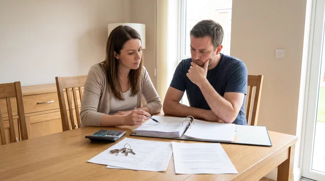 Two co-owners reviewing a home purchase agreement.