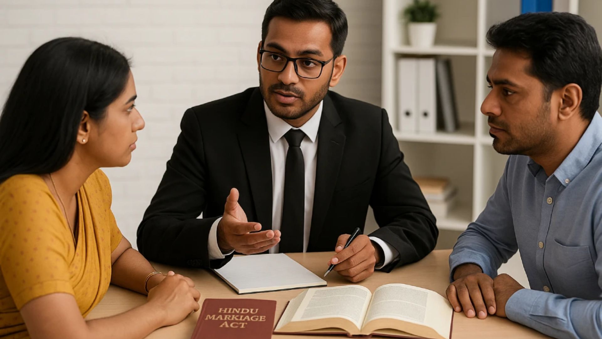 A man and woman sit at a table with a book while another man speaks to them, engaging in conversation.