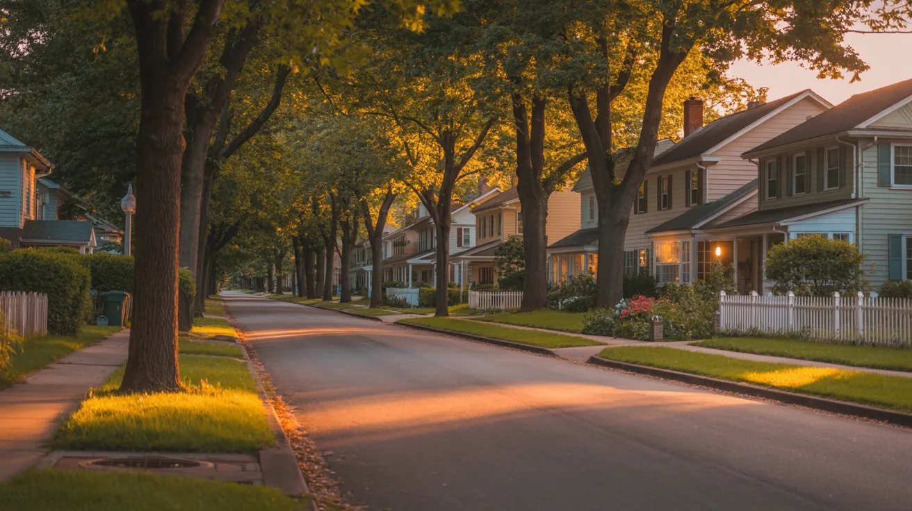 A serene street lined with houses, bathed in warm hues of orange and pink during a picturesque sunset.