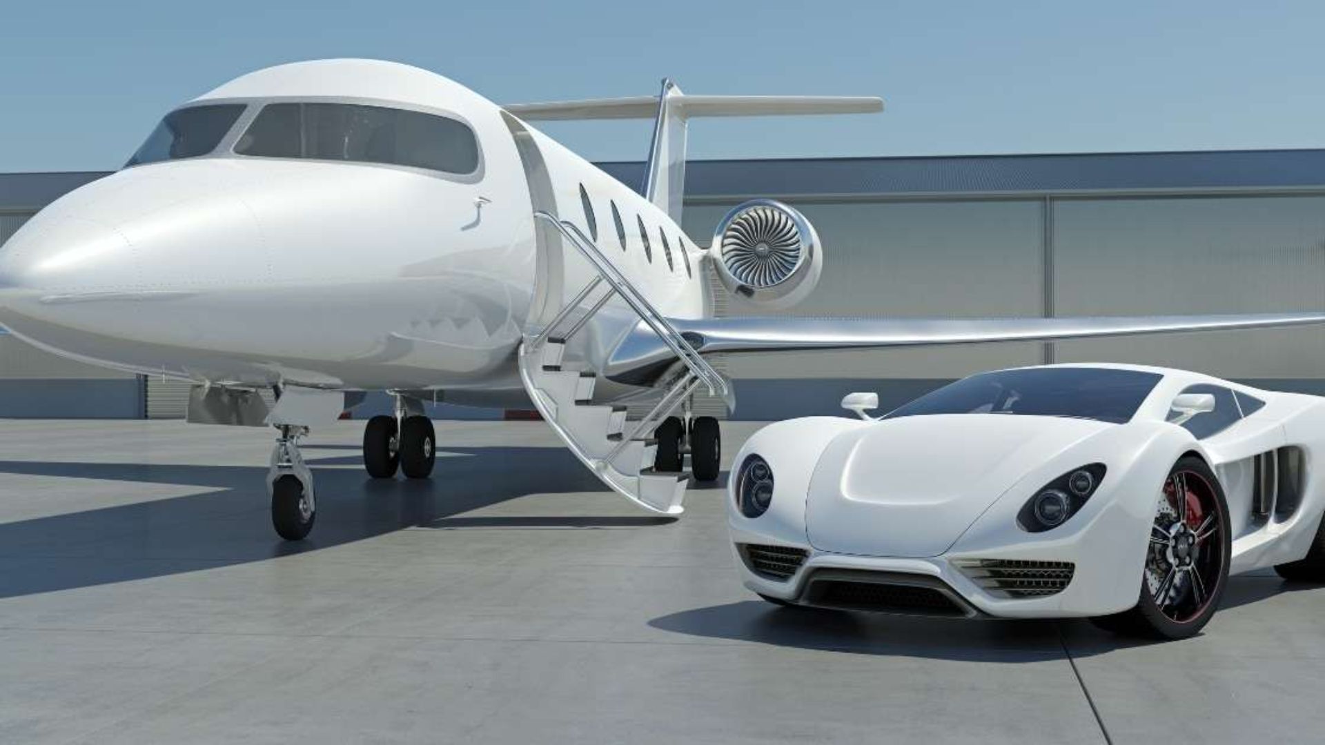 A sleek white sports car parked beside a luxurious private jet on a tarmac.