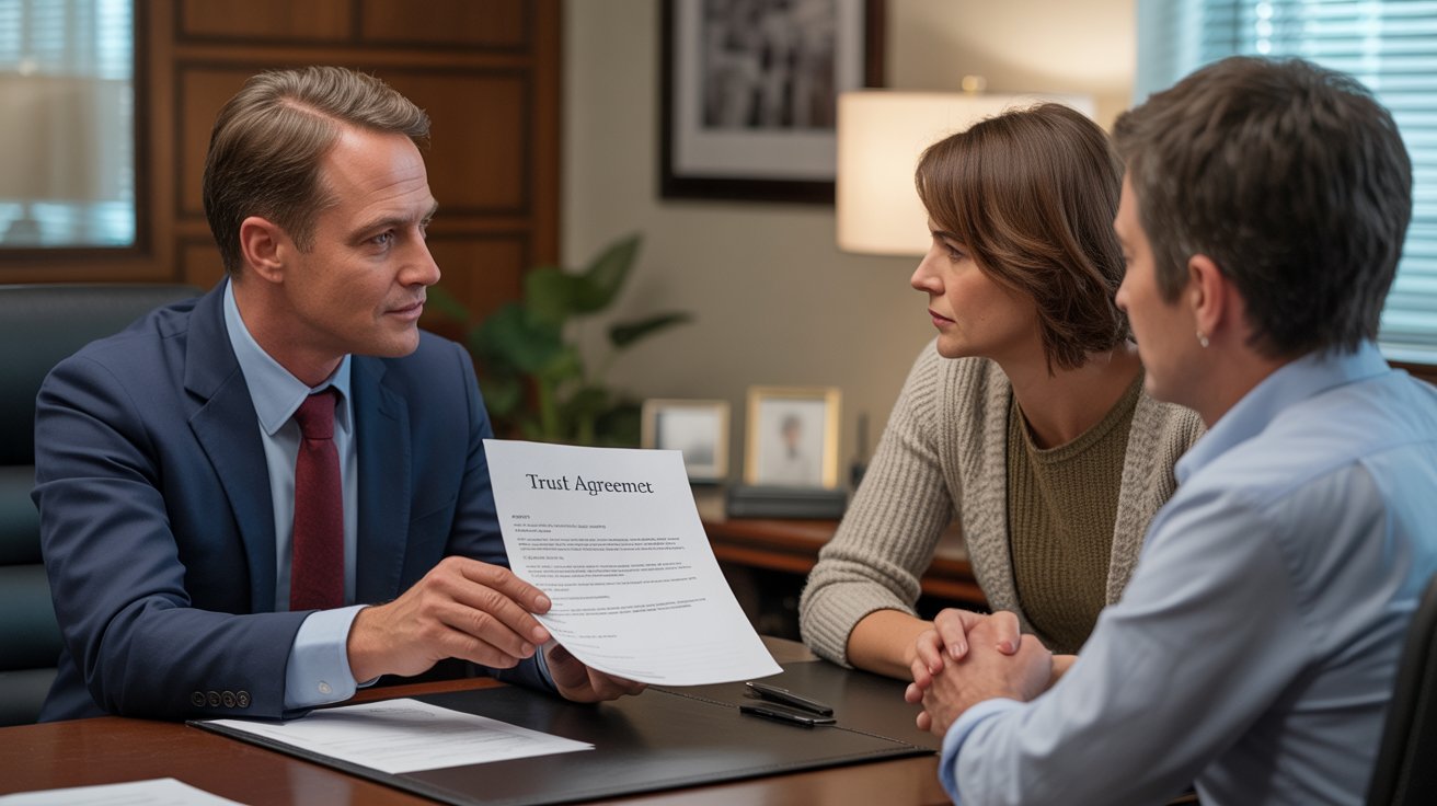 A man and woman are seated at a desk, collaboratively examining a document they are holding.