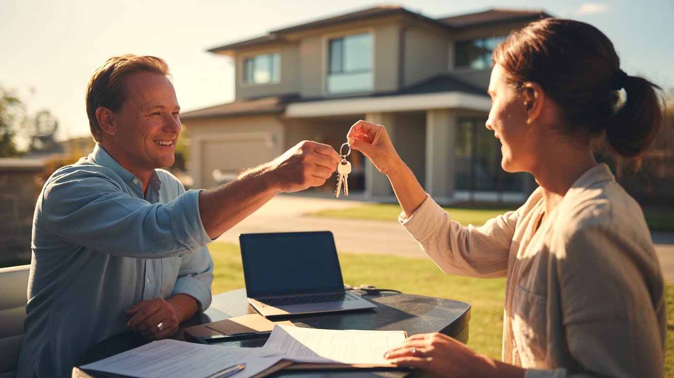 A man hands a woman a key, symbolizing the transfer of ownership for a house.