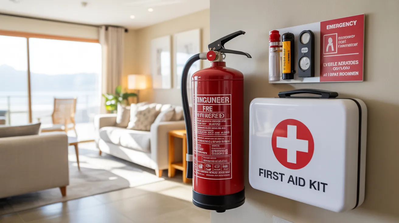 A first aid kit mounted on the wall beside a couch, ready for emergency use in a living space.