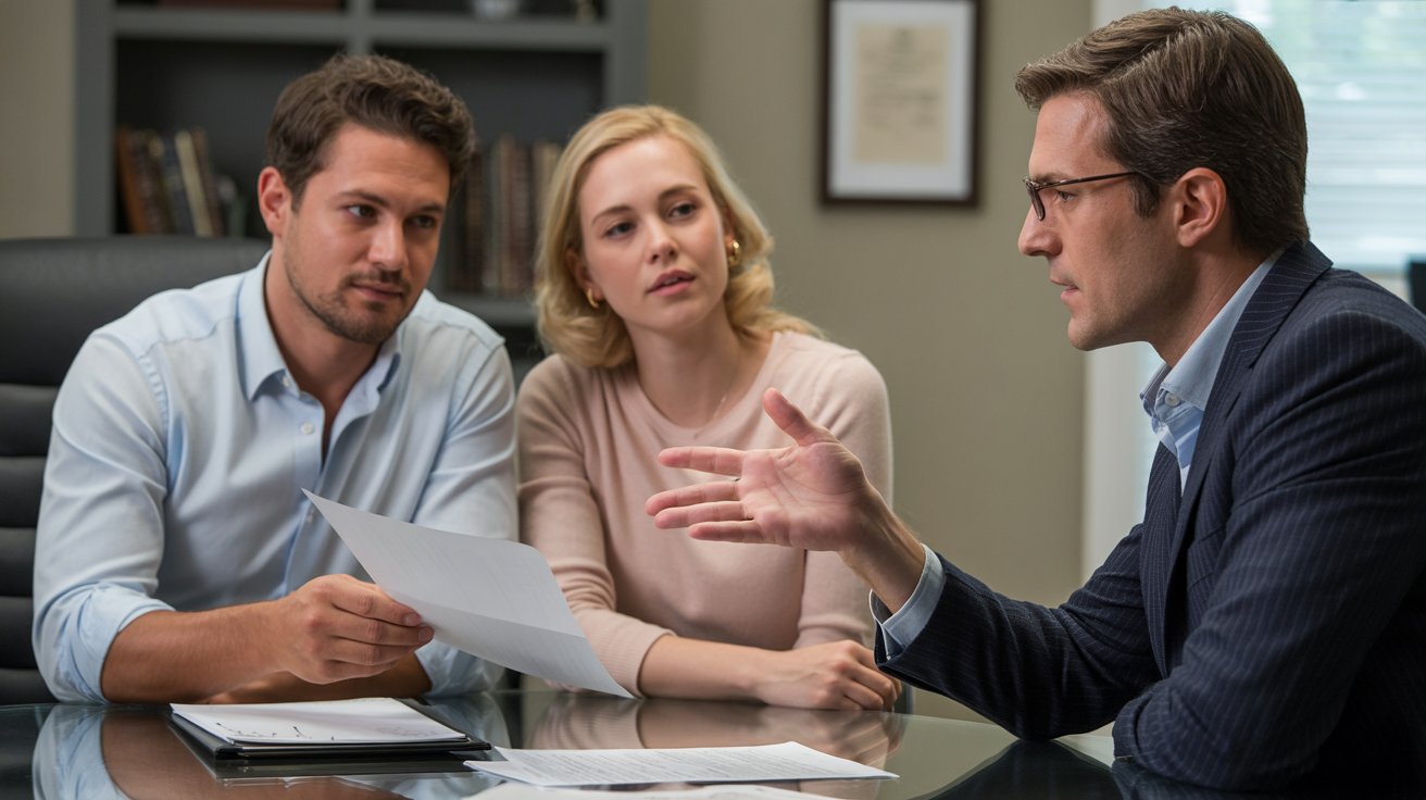 A man and woman speak with another pair in an office, highlighting a collaborative atmosphere.