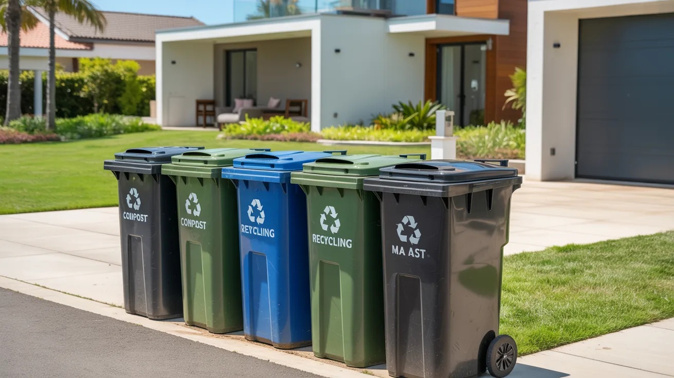 Three recycling bins are neatly arranged in front of a house, promoting eco-friendly waste disposal.