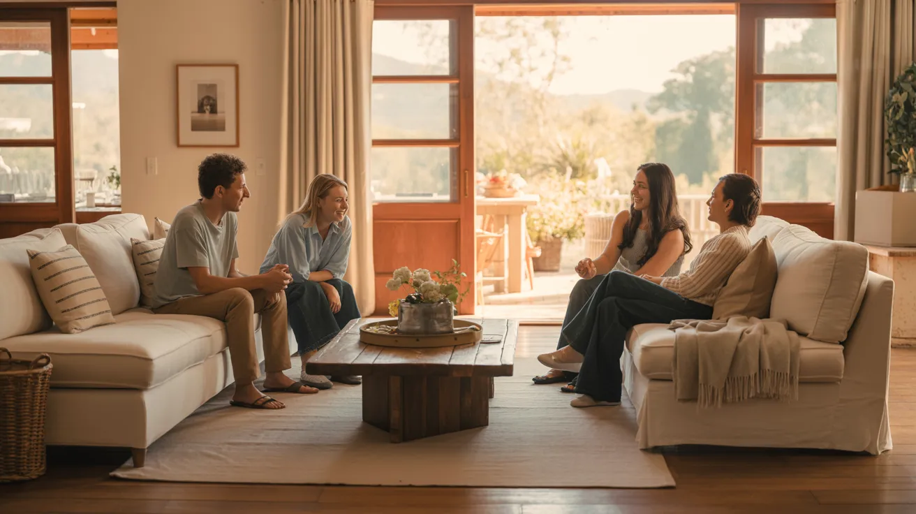 A group of people relaxing on couches in a cozy living room, engaged in conversation and enjoying each other's company.