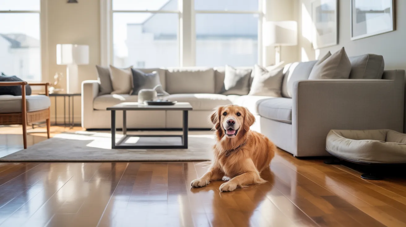 A dog sitting on the floor of a cozy living room, surrounded by furniture and soft lighting.