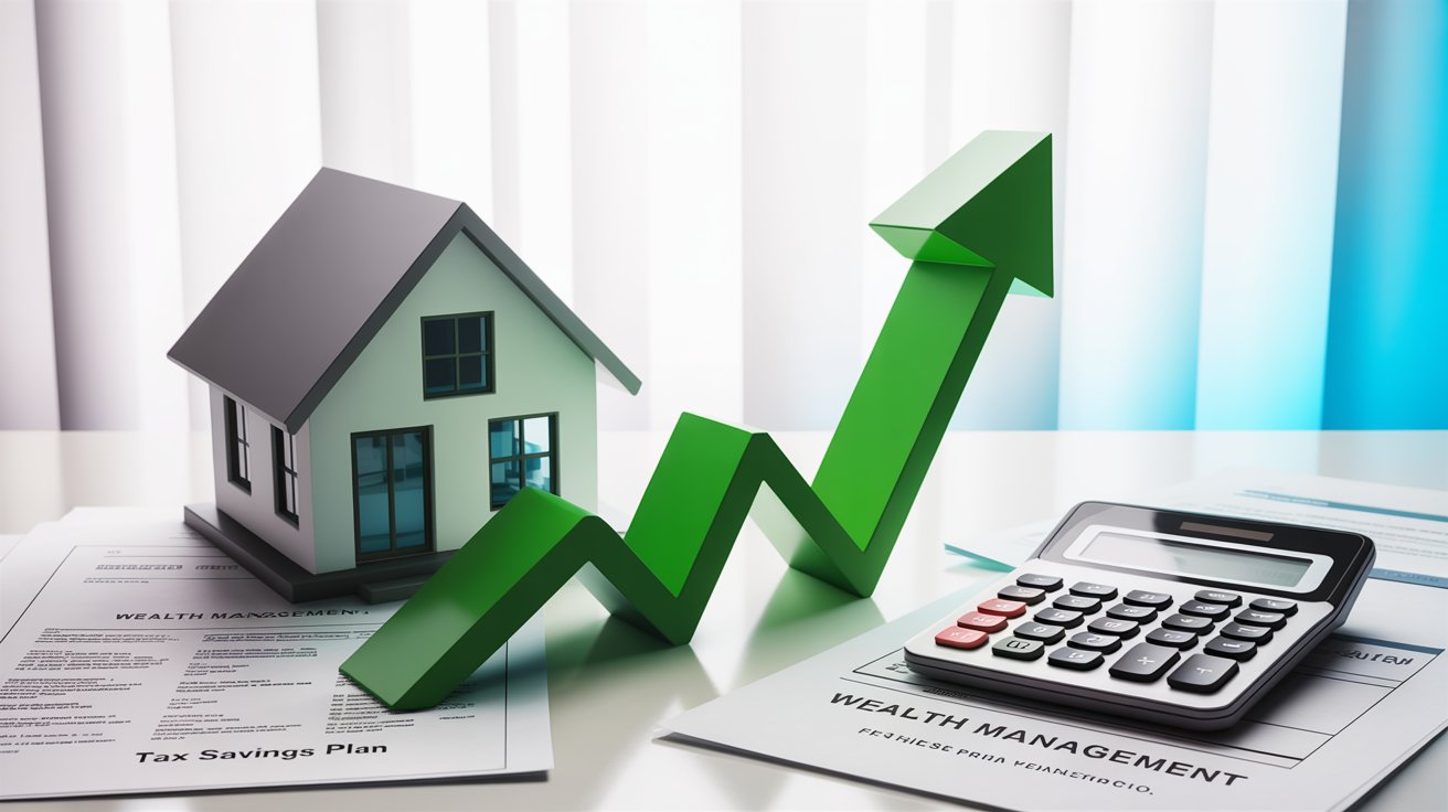 House and calculator placed on top of financial documents, symbolizing home financing and budgeting.