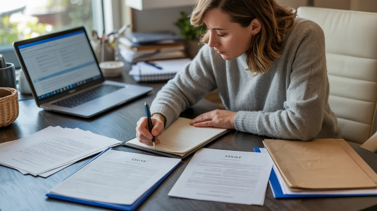 A woman works on her laptop at a desk cluttered with papers and a pen, focused on her task.