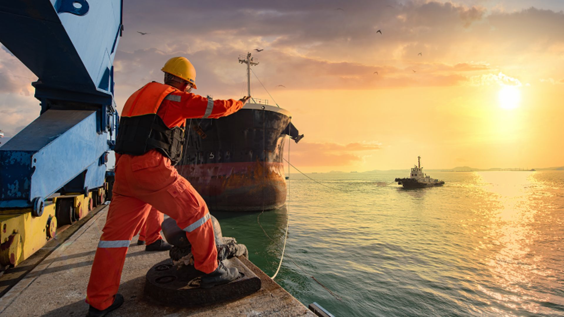 A man in an orange safety suit stands on a dock, overlooking the water and surrounding area.