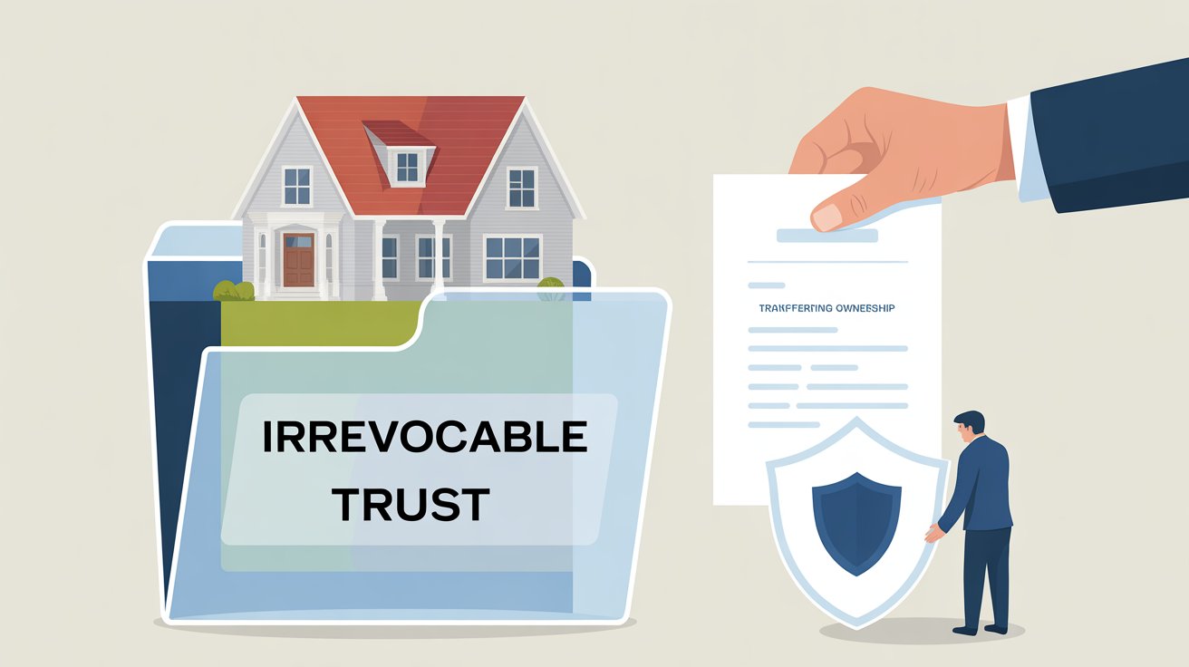 Illustration explaining the concept of an irrevocable trust and its key features in estate planning.