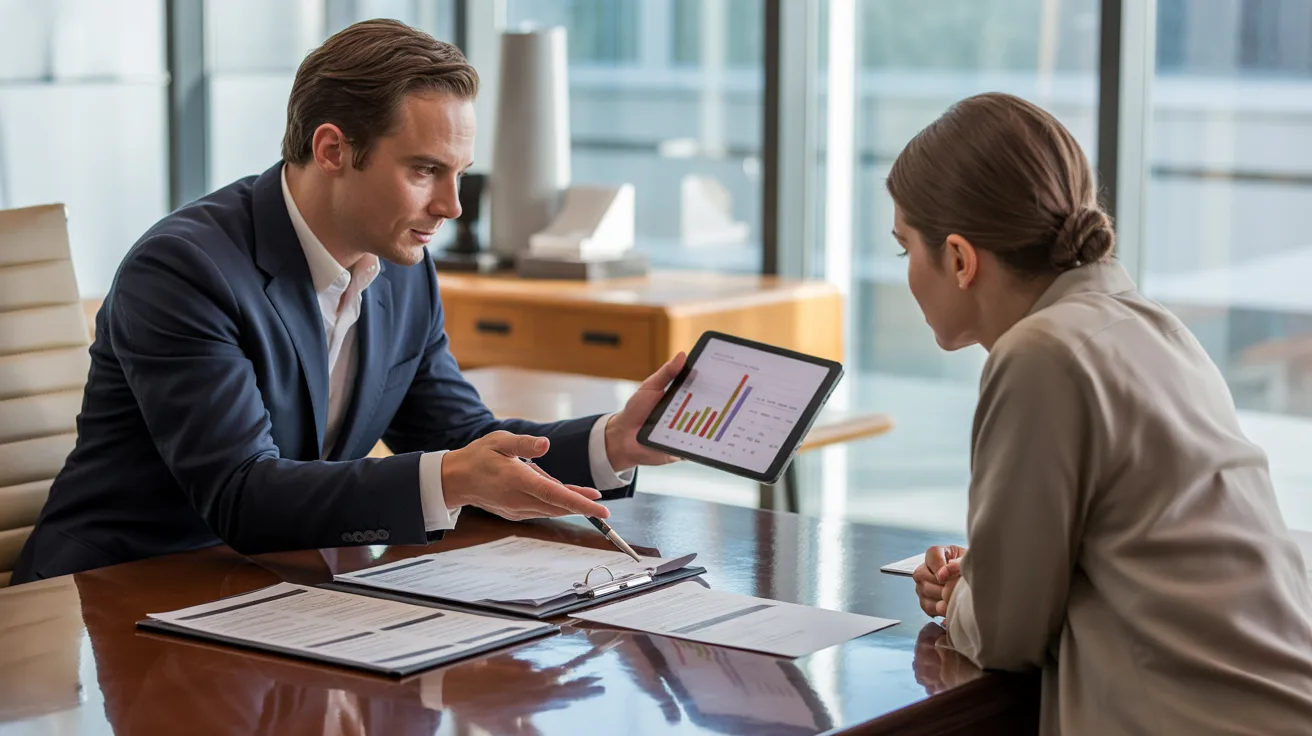 A man and woman seated at a desk in an office, engaged in conversation and reviewing documents together.
