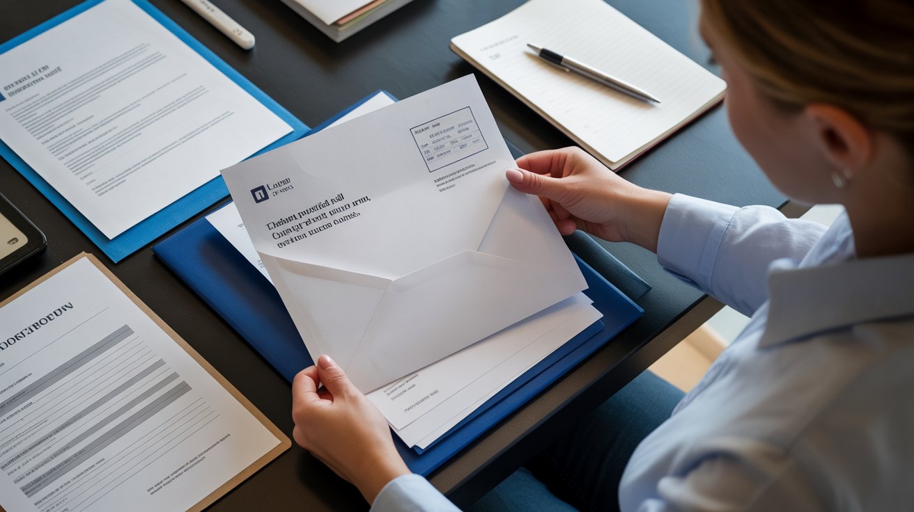 A woman holds a letter in one hand and a piece of paper in the other, looking thoughtfully at the documents.