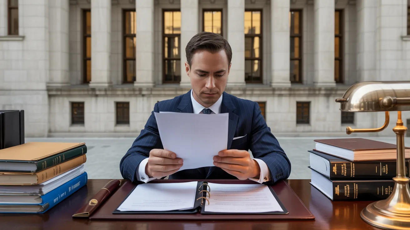 A man in a suit sits at a desk, reviewing papers with a focused expression.