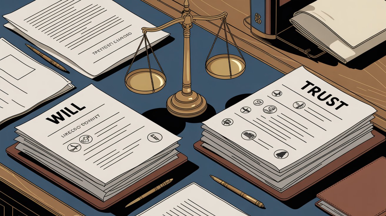 Visual representation of wills and trusts, showcasing legal papers and icons related to estate planning and asset distribution.