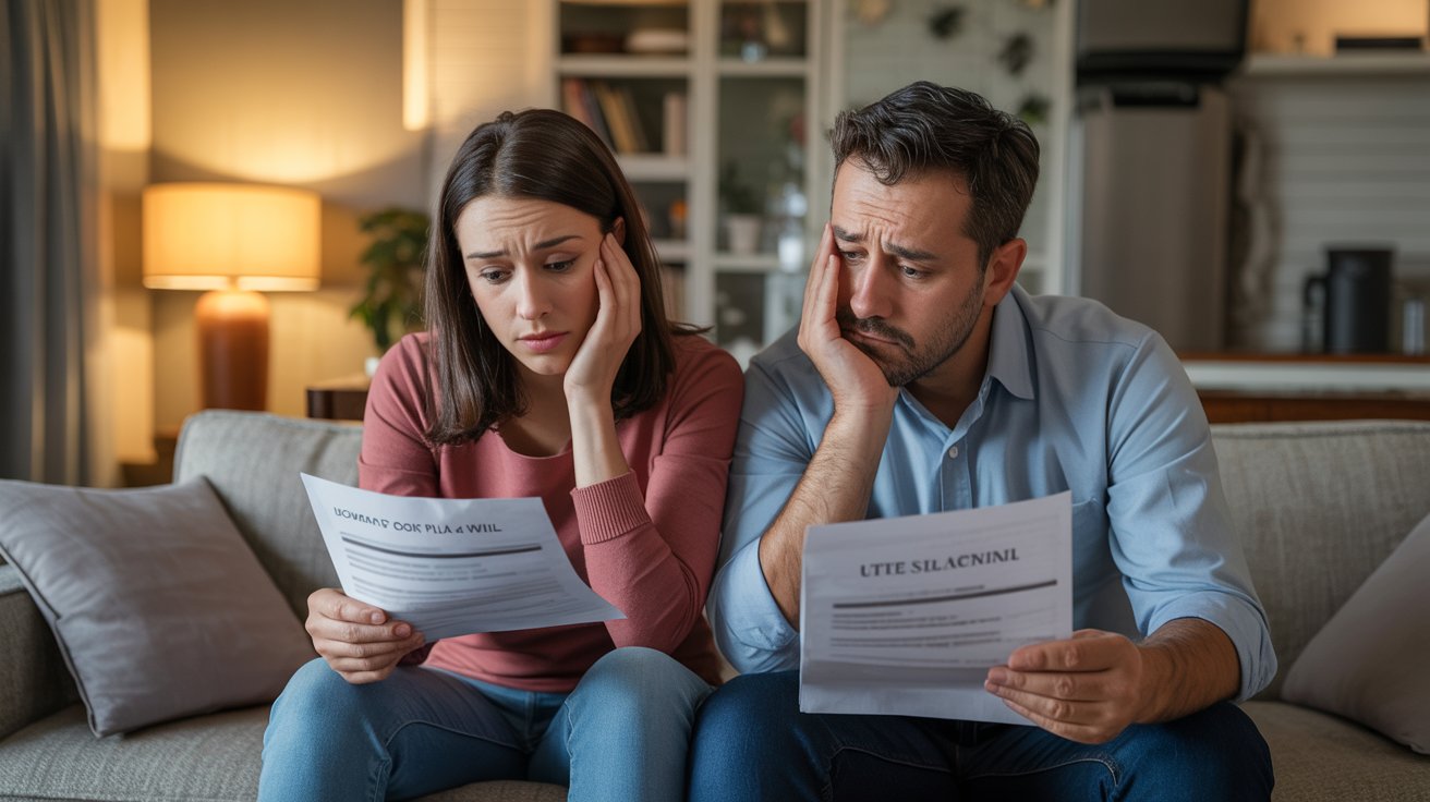 Couple sitting on a couch, reviewing documents together with focused expressions.