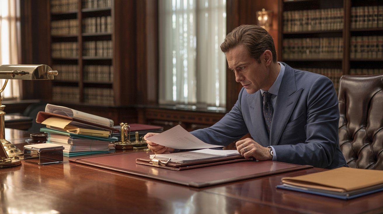 A man in a suit sits at a desk, focused on his work with a serious expression.