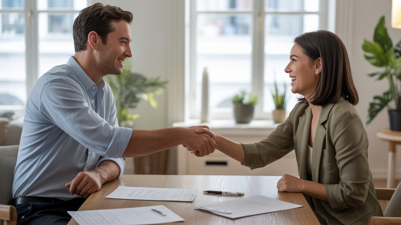 A man and woman shaking hands over a desk, symbolizing a professional agreement or collaboration.