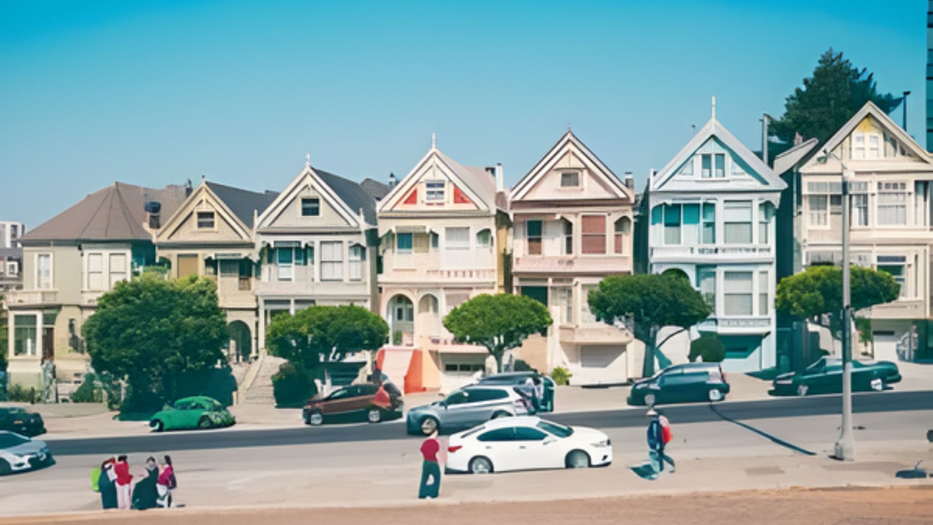 Colorful Victorian houses known as the Painted Ladies in San Francisco, California, with a clear blue sky in the background.