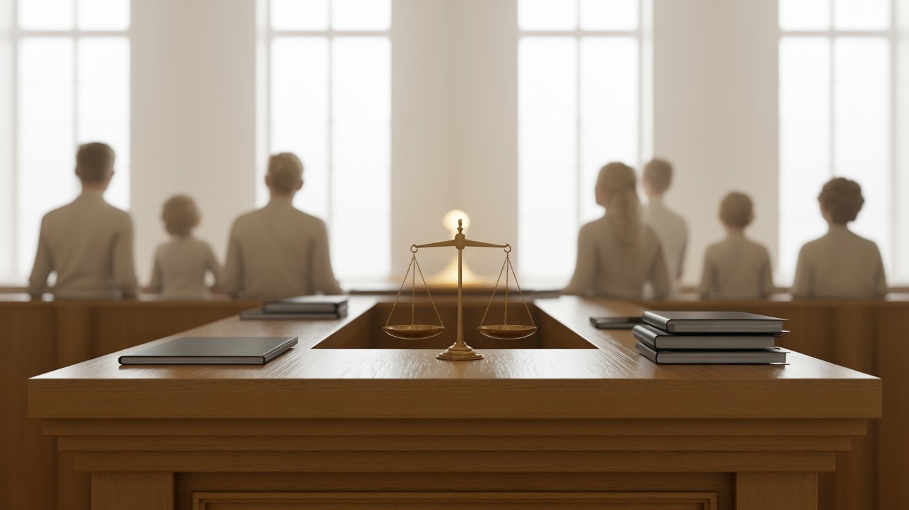 A judge's desk with a scale of justice prominently displayed in front, symbolizing fairness and legal authority.