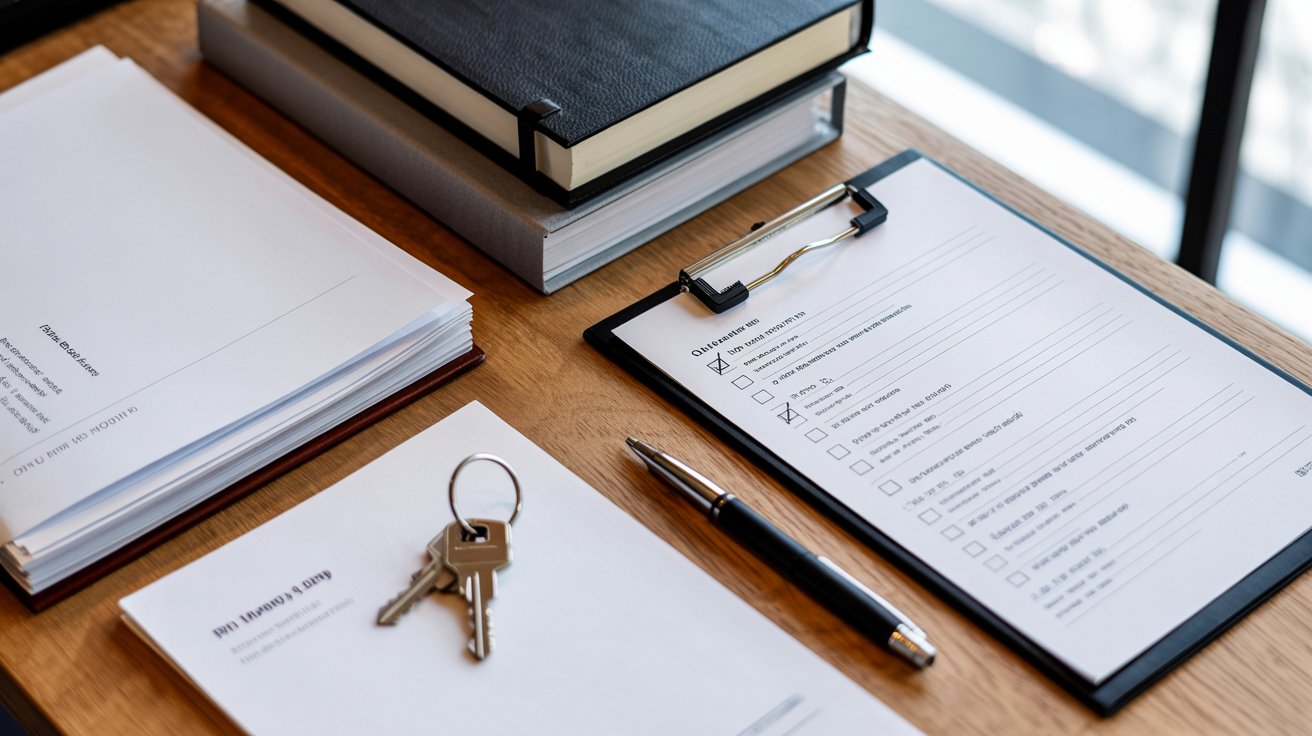 A desk featuring a clipboard, a set of keys, and a notepad arranged neatly on its surface.
