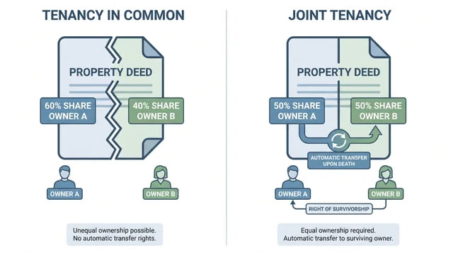 Diagram comparing uneven ownership shares in Tenancy in Common versus equal shares in Joint Tenancy.