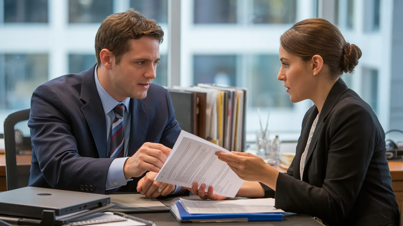 A man and woman in business attire are engaged in a discussion while reviewing paperwork together.