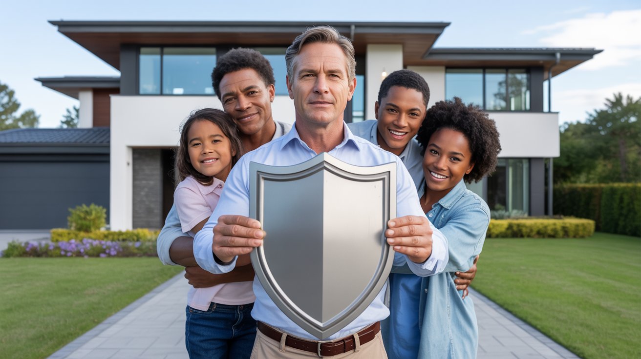A family stands together, holding a shield in front of their house, symbolizing protection and unity.