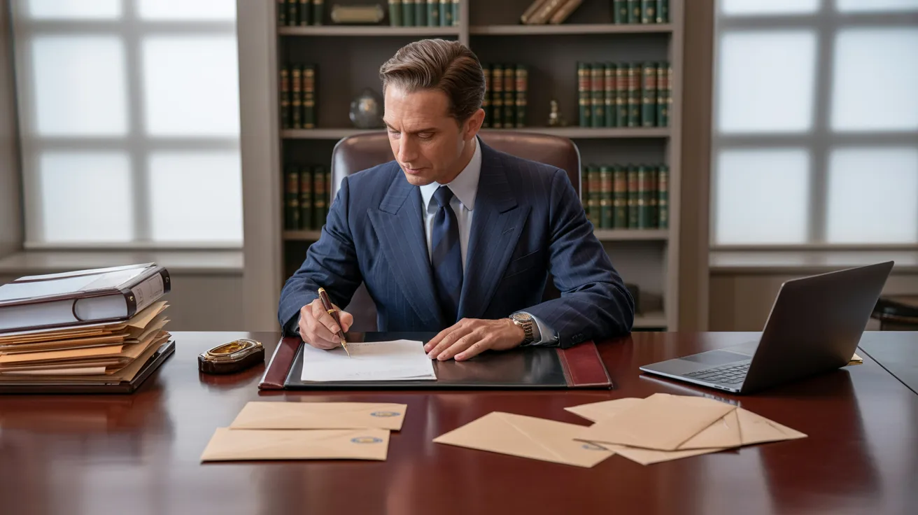 A man in a suit sits at a desk, reviewing papers with a focused expression.