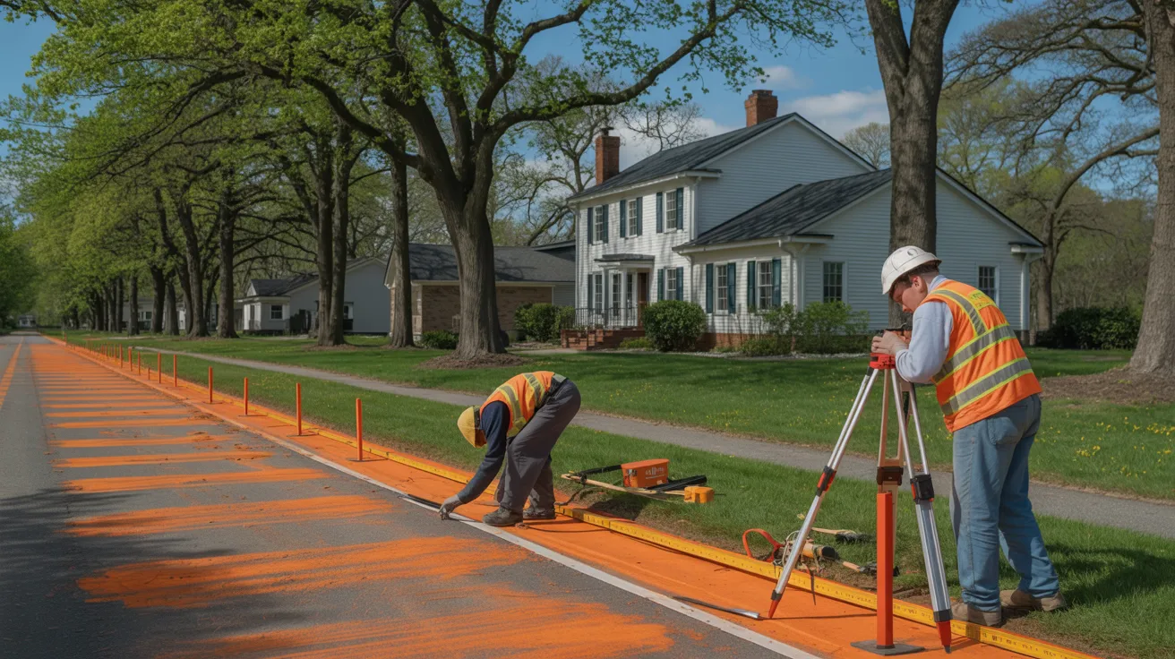 Two men applying orange paint on a road, focused on their task amidst construction equipment and safety cones.
