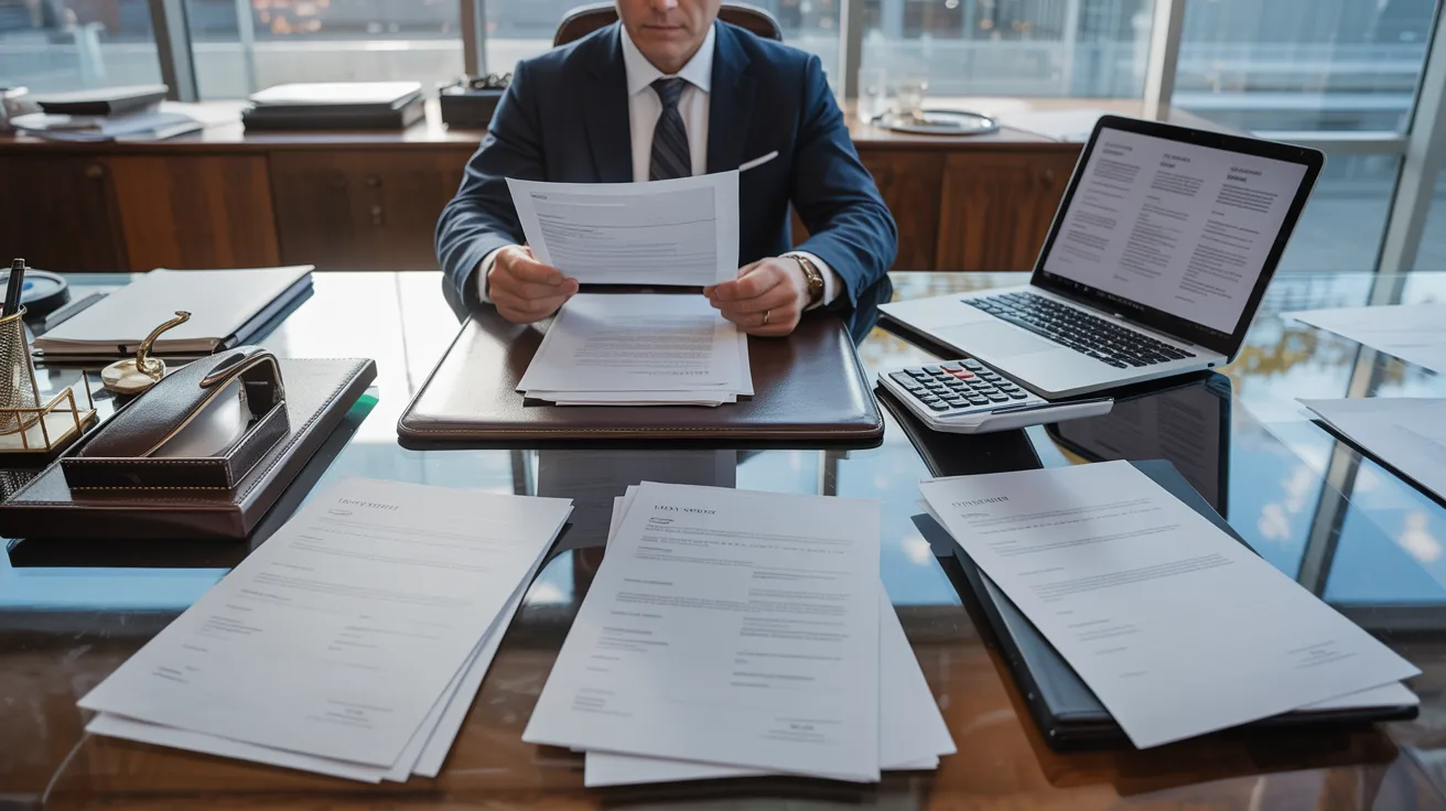 A man in a suit sits at a desk, surrounded by papers and a laptop, focused on his work.