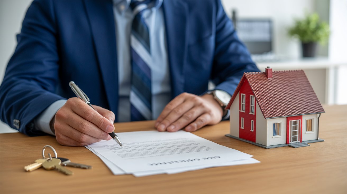 Man signing a contract while holding a small model of a house on the table in front of him.