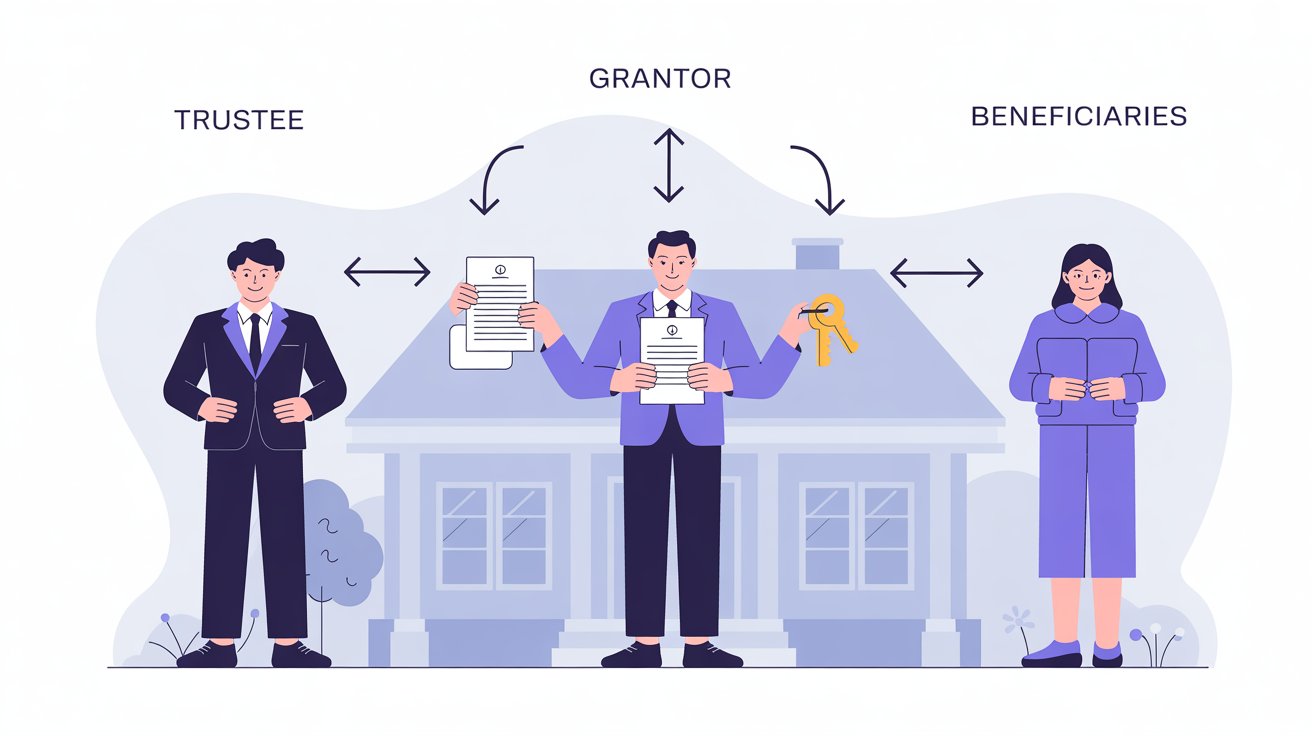 A man and woman are in front of a house with a sign indicating "grantor" and "beneficiary."